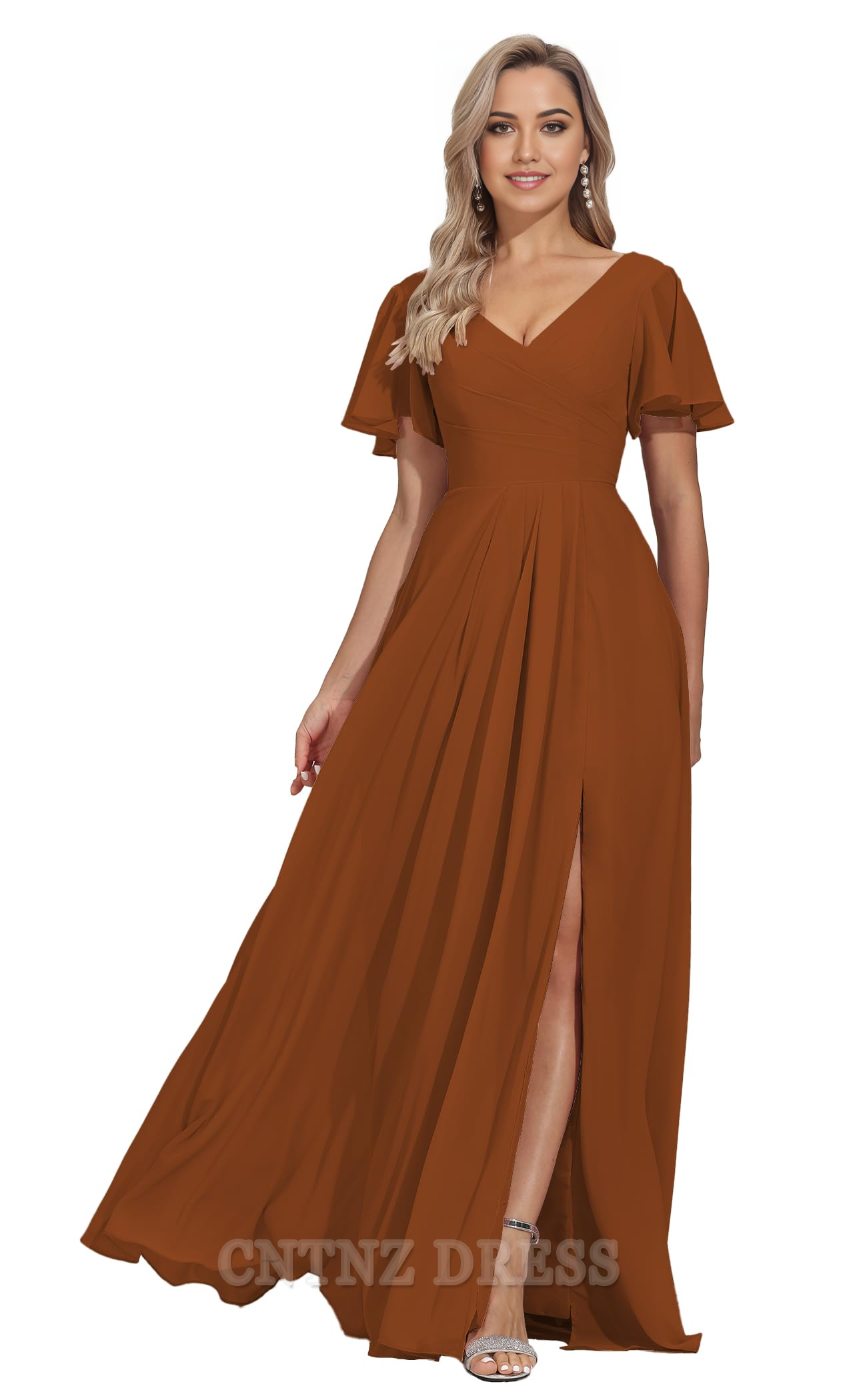 Wholesa A-line V Neck Short Sleeves Chiffon Pleated formal dresses Bridesmaid Dresses evening gown Prom Dress with Slit