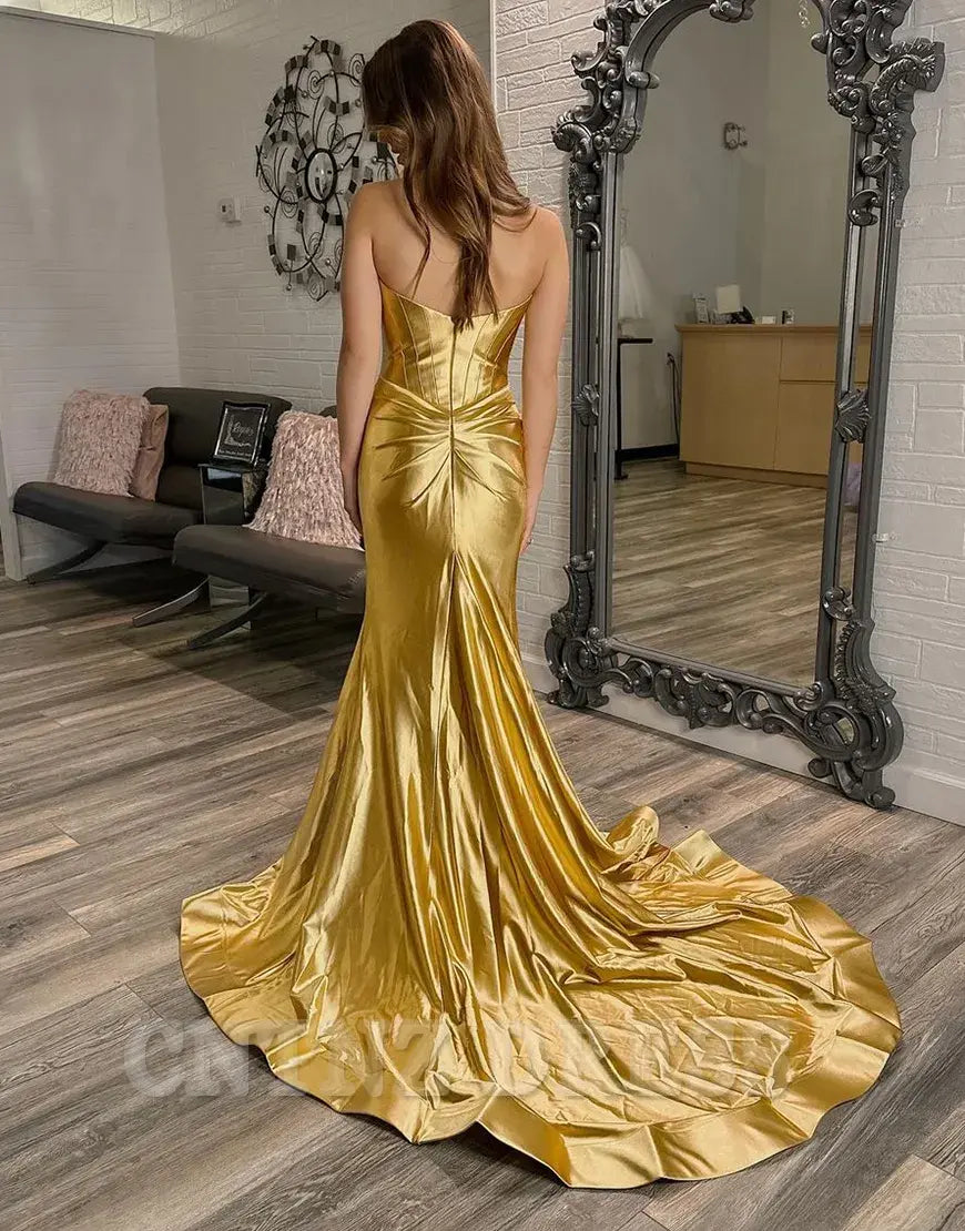 Wholesa Mermaid Sparkly Sweetheart Long Golden formal dresses evening gown Prom Dress With Slit