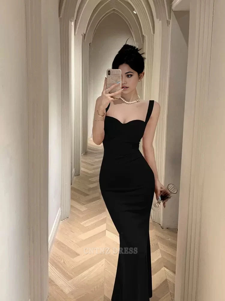Wholesa Mermaid Sweetheart Straps Black Satin Long formal dresses Bridesmaid Dresses evening gown Prom Dress
