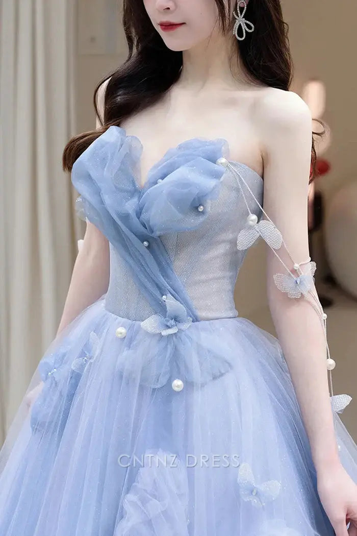 Wholesa A-Line Strapless Blue Tulle Long formal dresses Bridesmaid Dresses evening gown Prom Dress