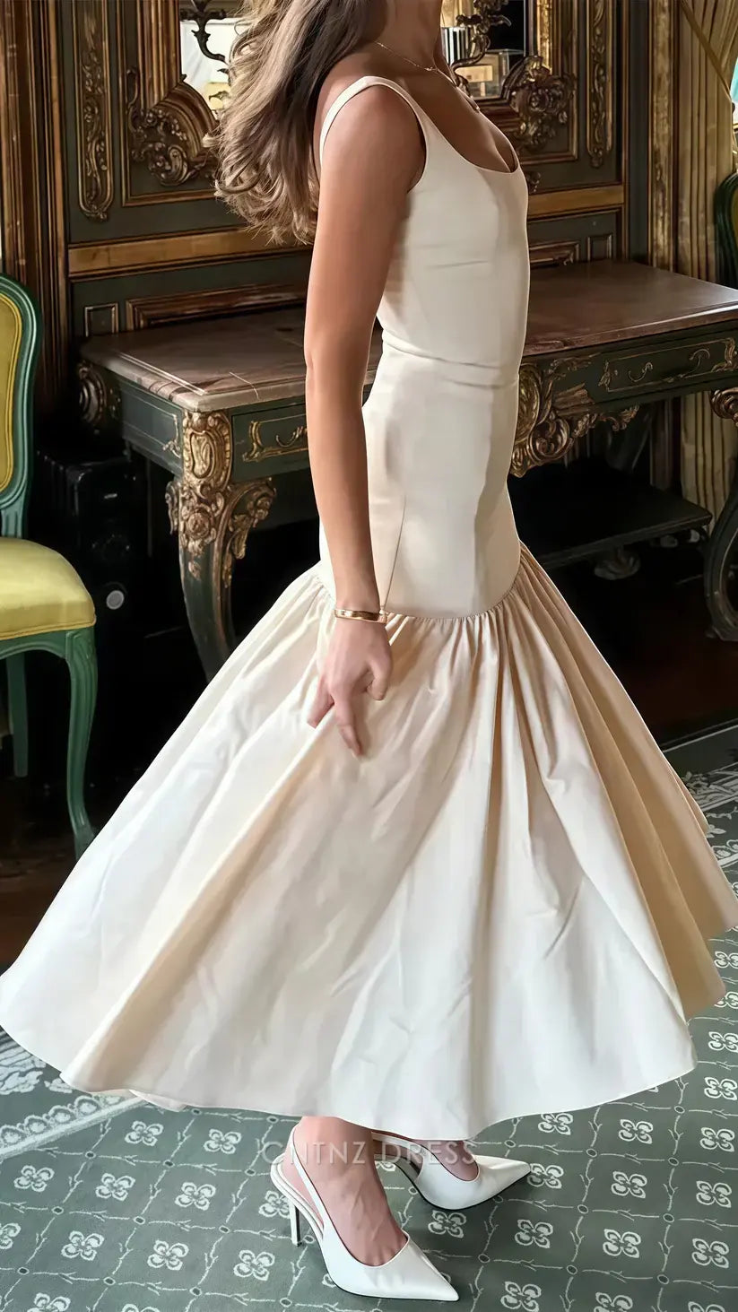 Wholesa Mermaid Crew Neck Pretty Satin Ivory formal dresses Bridesmaid Dresses evening gown Prom Dress