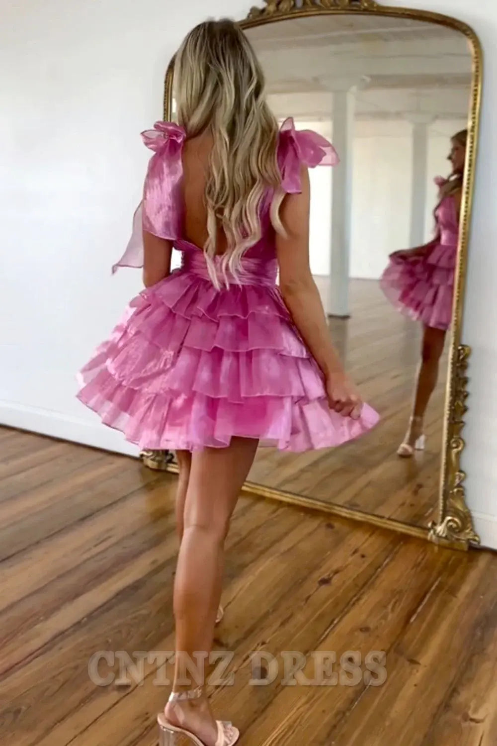 Wholesa A-Line Deep V-Neck Short Tiered Satin formal dresses Bridesmaid Dresses evening gown Prom Dress Homecoming Dress