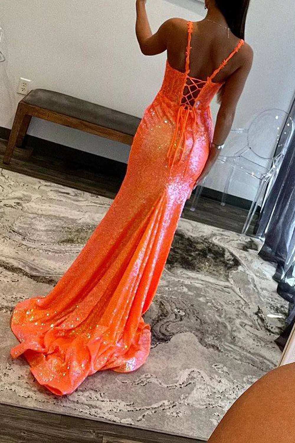 Wholesa Mermaid Spaghetti Straps Appliques Sequins Long Prom Dresses