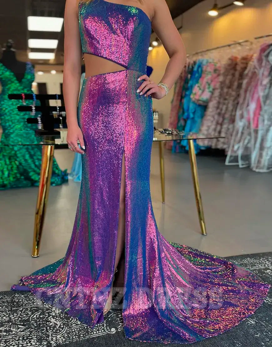 Wholesa Mermaid Sparkly One Shoulder Sequins Long Purple formal dresses Bridesmaid Dresses evening gown Prom Dress with Slit