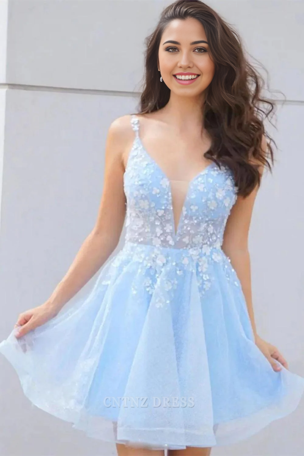 Wholesa A Line Deep V Spaghetti Straps Homecoming Dress formal dresses Bridesmaid Dresses evening gown Prom Dress With Applique