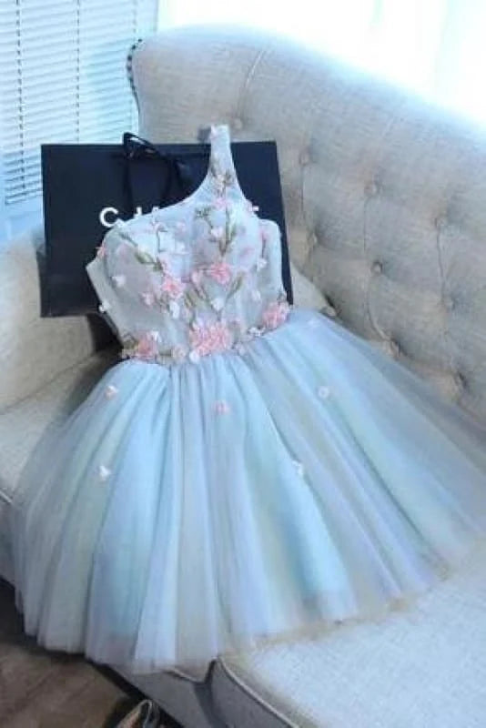 CNTNZ DRESS Hot Sale Homecoming Dress A Line One Shoulder Juniors Tulle Cute Graduation Dress with Flower Fashion Short Prom Dress