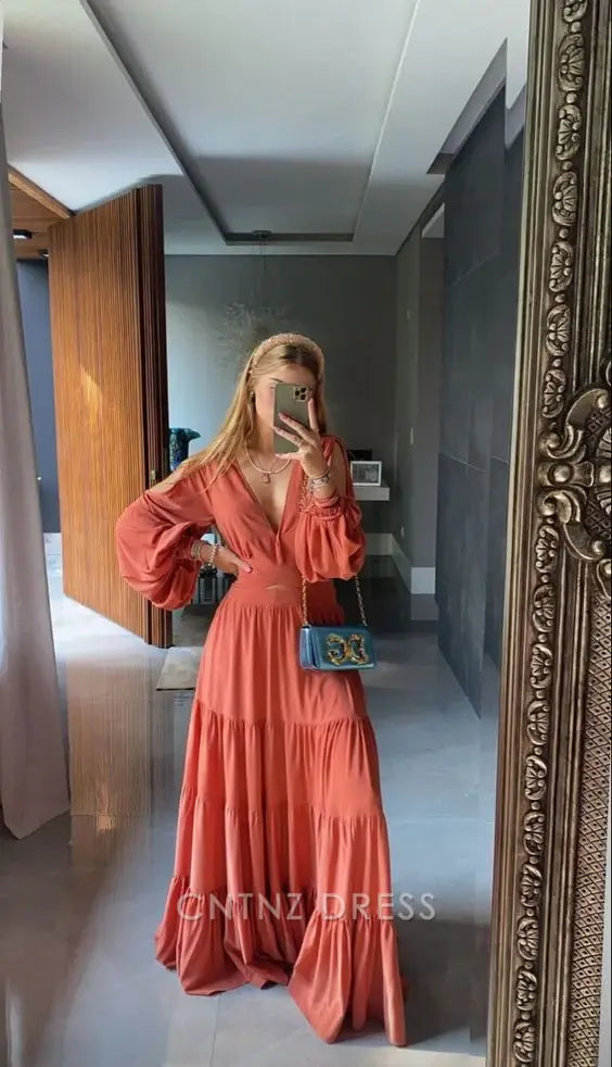 Wholesa A-line V Neck Long Sleeves formal dresses Bridesmaid Dresses evening gown Prom Dress