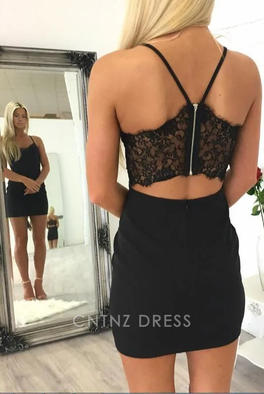 Wholesa Sheath Spaghetti Straps Lace black short homecoming dress formal dresses Bridesmaid Dresses evening gown Prom Dress