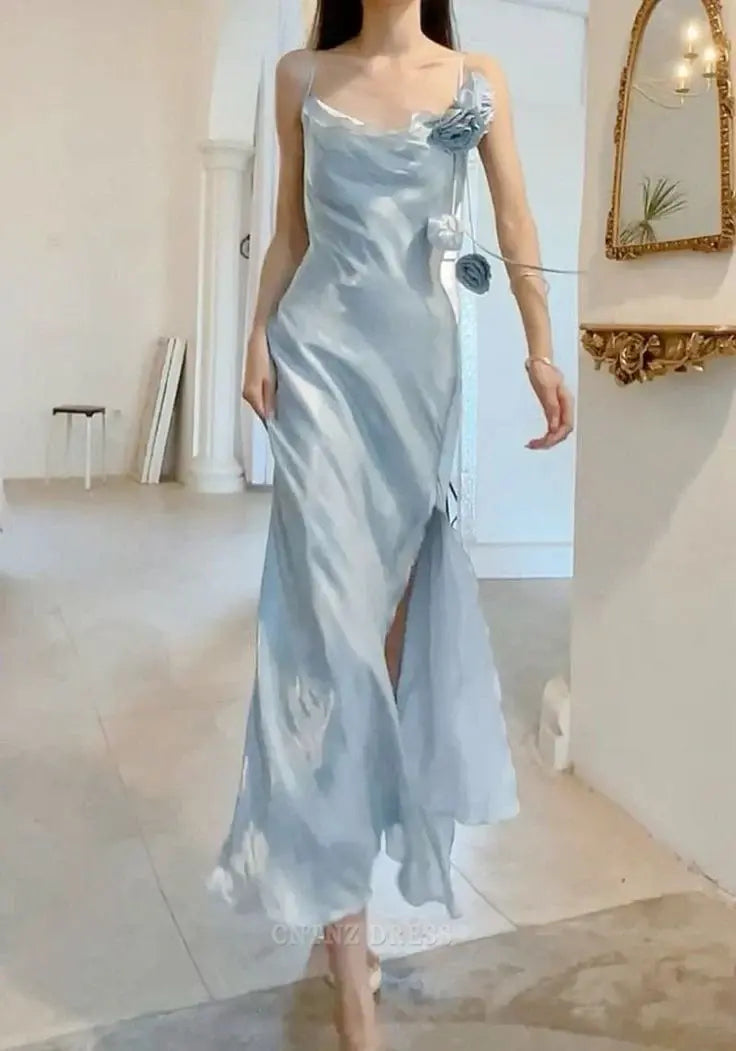 Wholesa Sheath Elegant Spaghetti Straps Light Sky Blue Chiffon formal dresses Bridesmaid Dresses evening gown Prom Dress