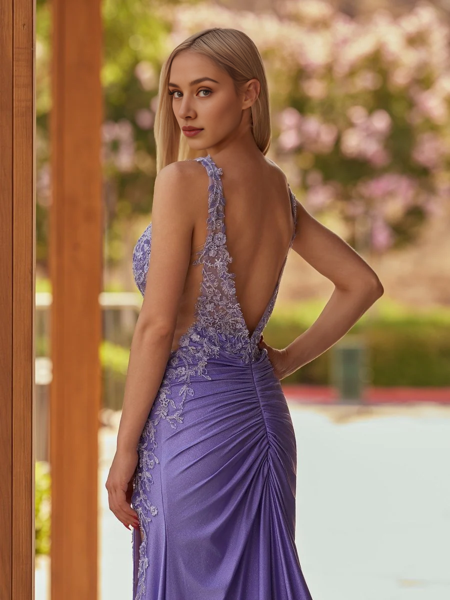 Exquisite Formal Women's Dresses Purple Charming Mermaid V Neck Sleeveless Slit with Bead string Appliques Bargain Long Prom Dress