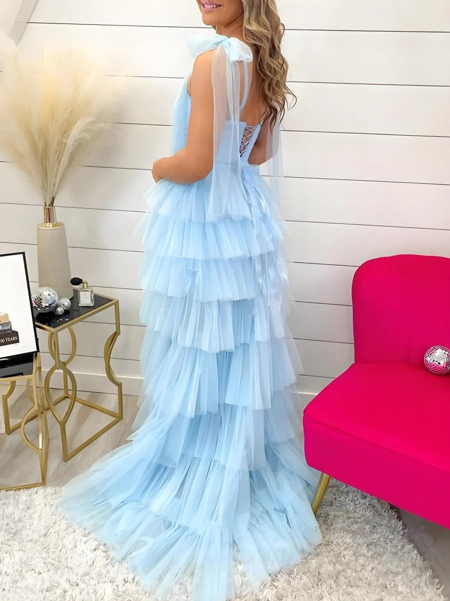 Cute Formal Women's Dresses Light Blue A Line Bow Straps Square Neck Pleated Sleeveless Layering Ruffle Backless Bargain Long Prom Dress