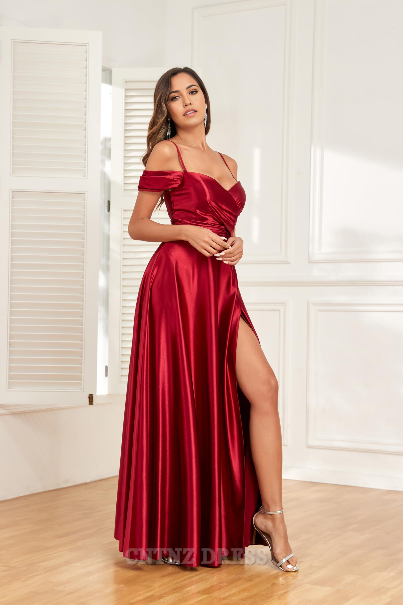 Wholesa A Line Off Shoulder Satin Spaghetti Strap Long Ruched formal dresses Bridesmaid Dresses evening gown Prom Dress with Slit