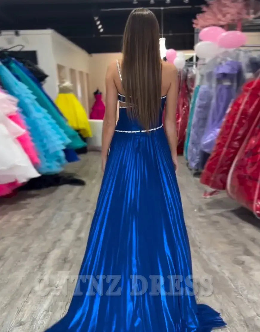Wholesa A-Line Spaghetti Strap Beaded Royal Blue Long formal dresses evening gown Prom Dress with Slit