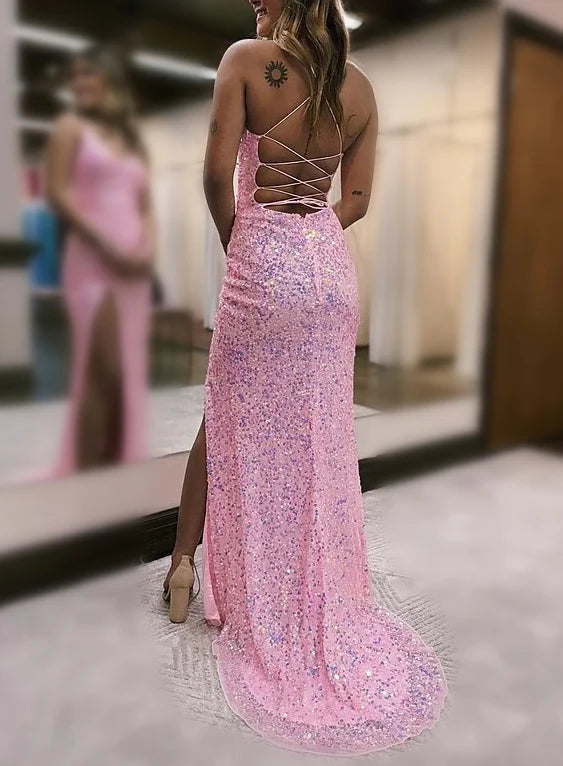 Wholesa Sheath Spaghetti Straps Floor-Length Prom Dresses