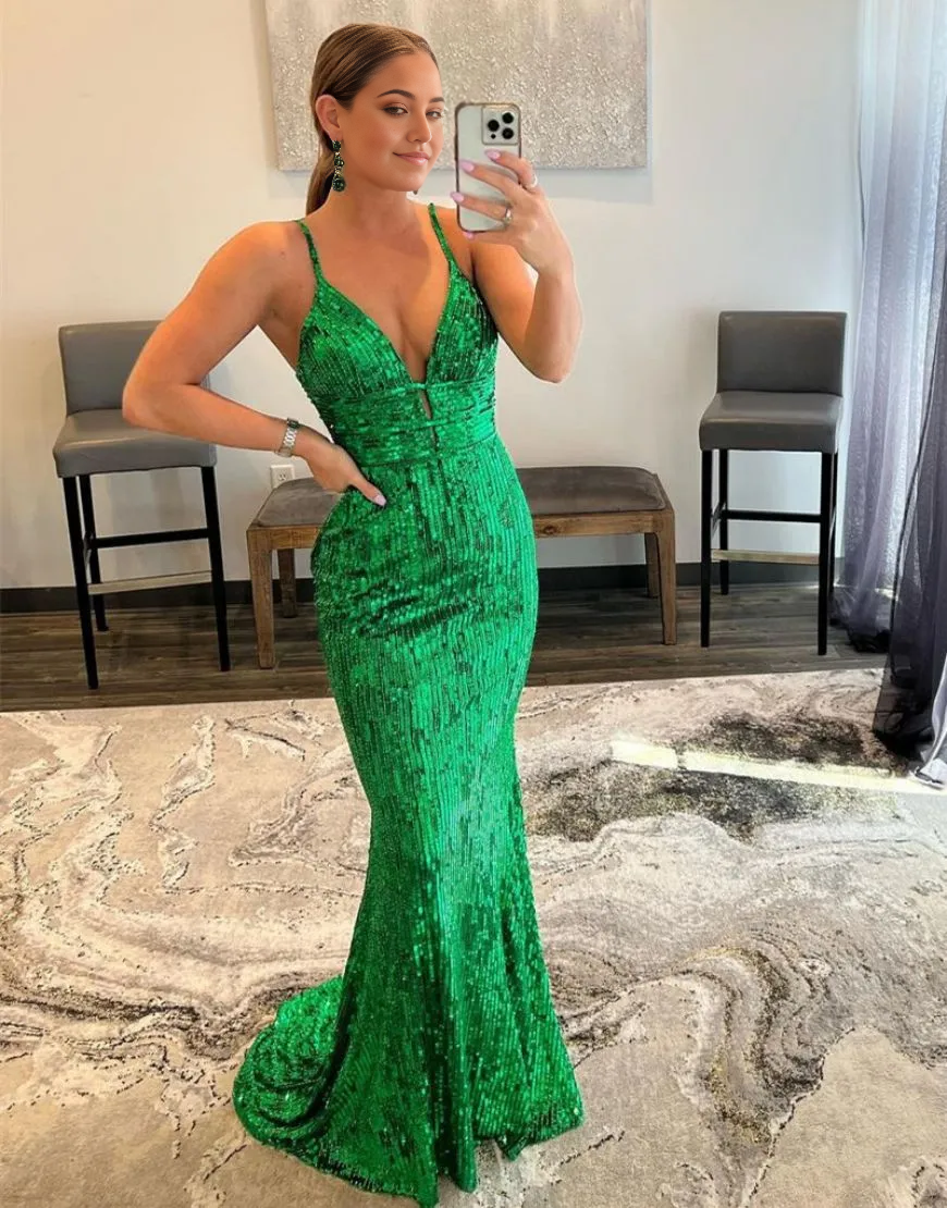 Wholesa Mermaid Spaghetti straps Glitter Sequin formal dresses evening gown Prom Dress