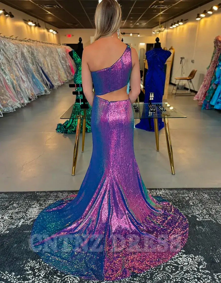 Wholesa Mermaid Sparkly One Shoulder Sequins Long Purple formal dresses Bridesmaid Dresses evening gown Prom Dress with Slit