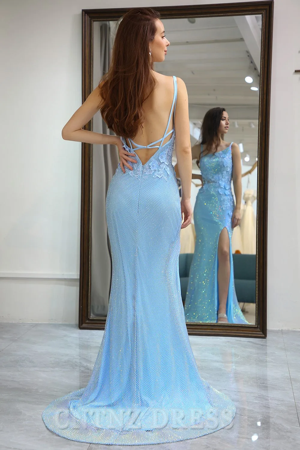 Wholesa Mermaid One Shoulder Light Blue formal dresses evening gown Long Prom Dress with 3D Flowers
