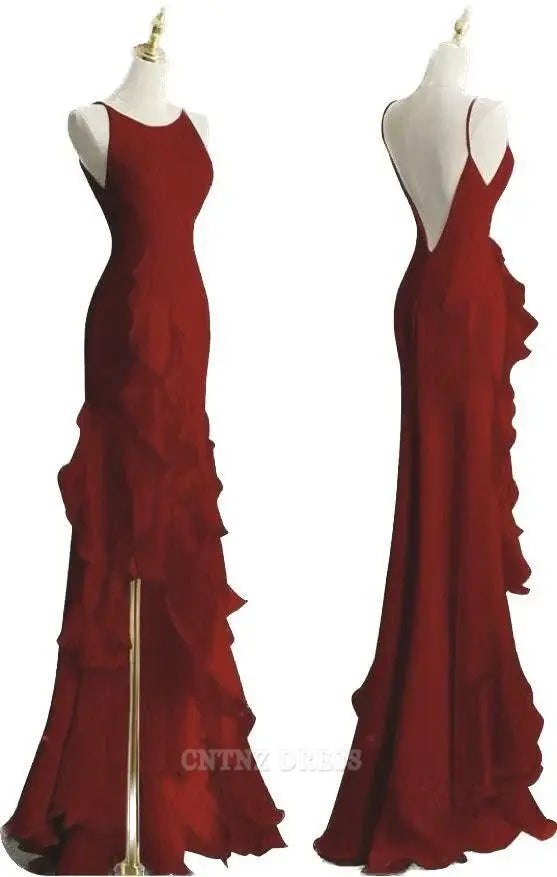 Wholesa Sheath Boat Sleeveless Burgundy Long Chiffon formal dresses Bridesmaid Dresses evening gown Prom Dress