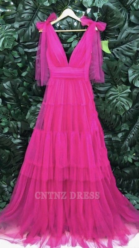 Wholesa A line V Neckline Tulle Pink Long Layers formal dresses Bridesmaid Dresses evening gown Prom Dress
