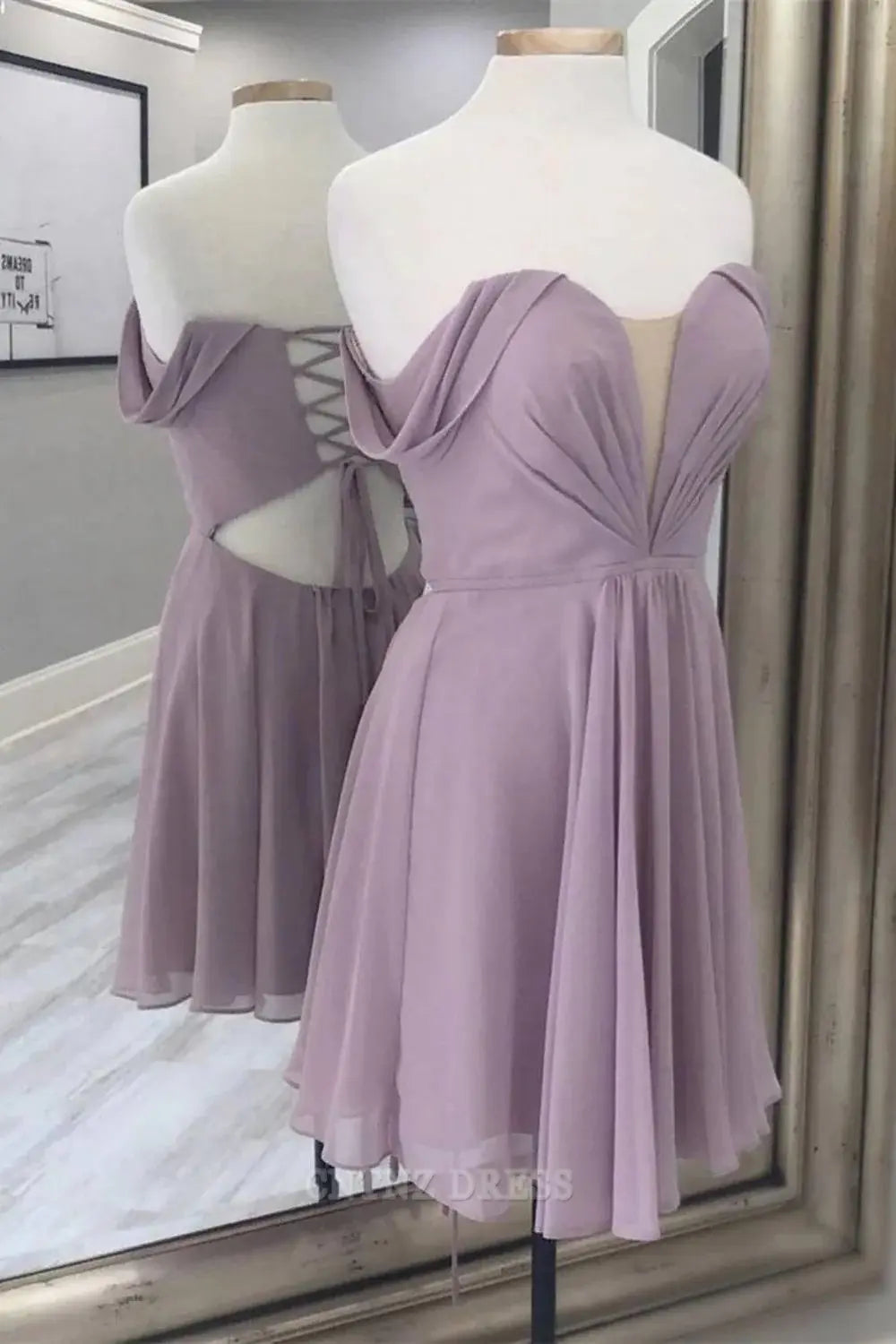 Wholesa A-line Off The Shoulder Chiffon Homecoming Dress formal dresses Bridesmaid Dresses evening gown Prom Dress With Corset