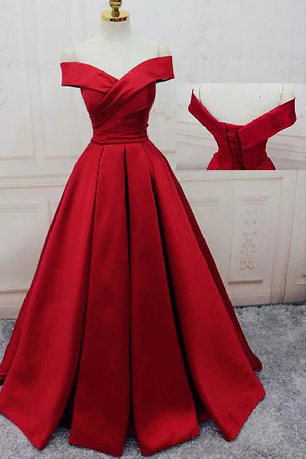 Wholesa A-line Off-the-shoulder Long Satin Prom Dress