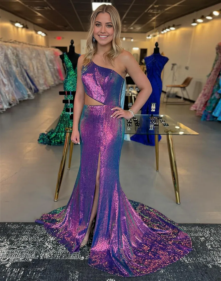 Wholesa Mermaid Sparkly One Shoulder Sequins Long Purple formal dresses Bridesmaid Dresses evening gown Prom Dress with Slit