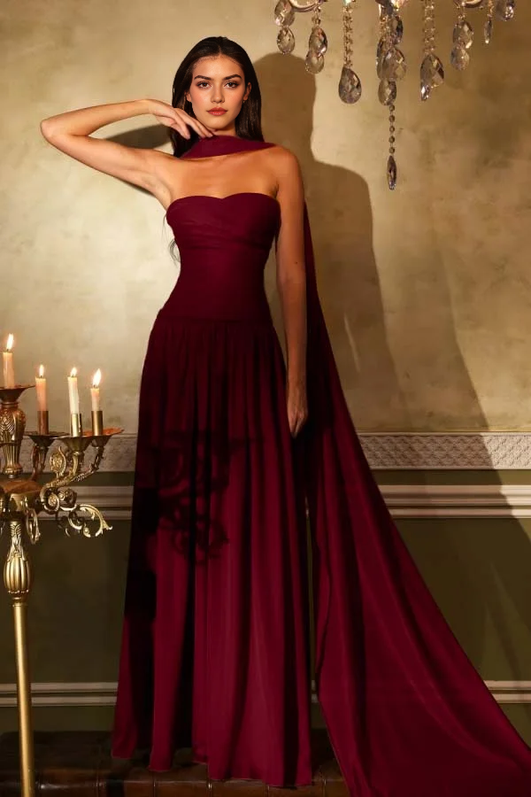 Chiffon A Line Strapless Sweetheart Neckline Sleeveless With Ruffles Pleated Elegant Evening Gowns Fashion Long Prom Dress