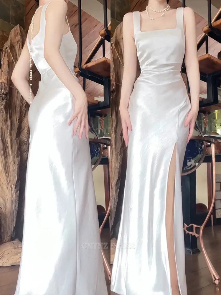 Wholesa Mermaid Square Neckline White Slit Long formal dresses Bridesmaid Dresses evening gown Prom Dress
