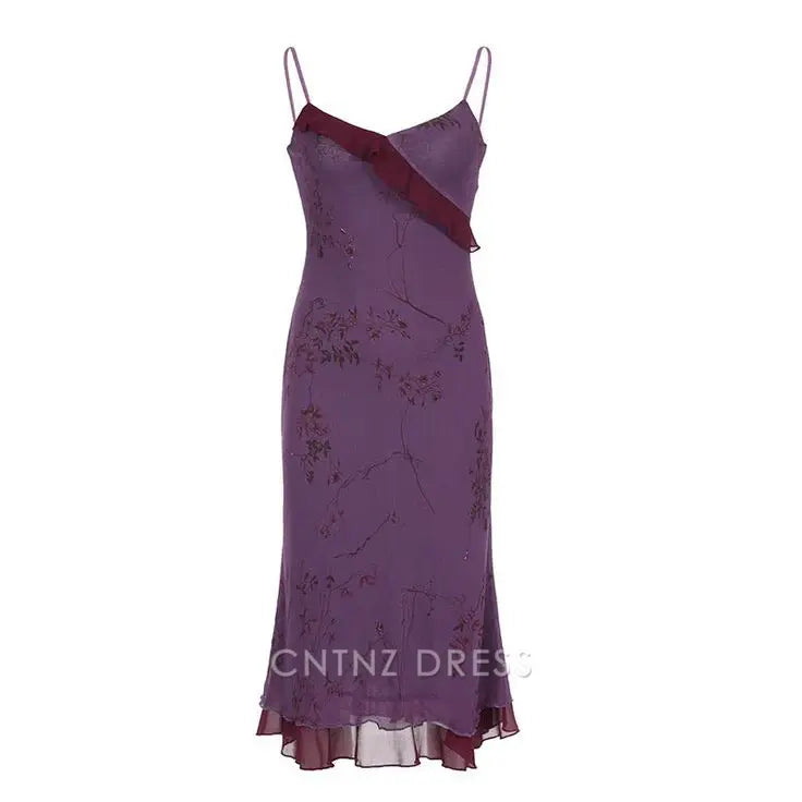 Wholesa Sheath Vintage Print Ruffles Purple Straps formal dresses Bridesmaid Dresses evening gown Prom Dress