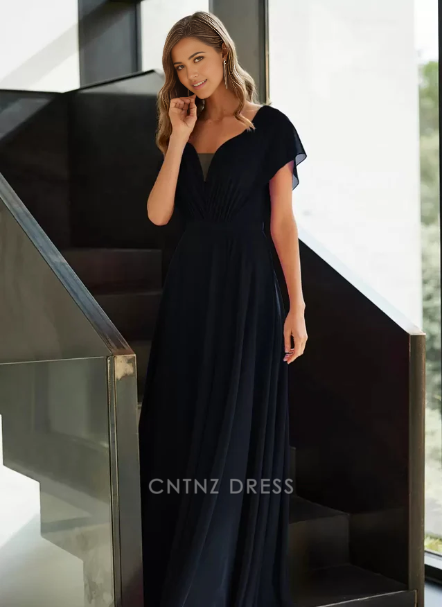 Wholesa A-Line V-Neck Short Sleeves Chiffon Pleated Guest Dresses Mother of the Bride Dresse