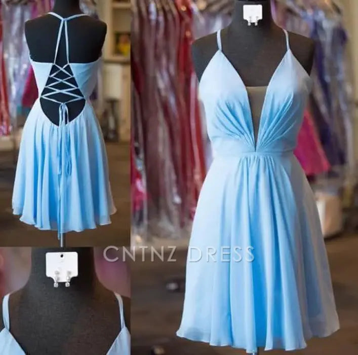 CNTNZ DRESS Hot Sale Short Prom Dress A-Line Halter Backless Criss-Cross Straps Chiffon Pleats Sexy Homecoming Dress
