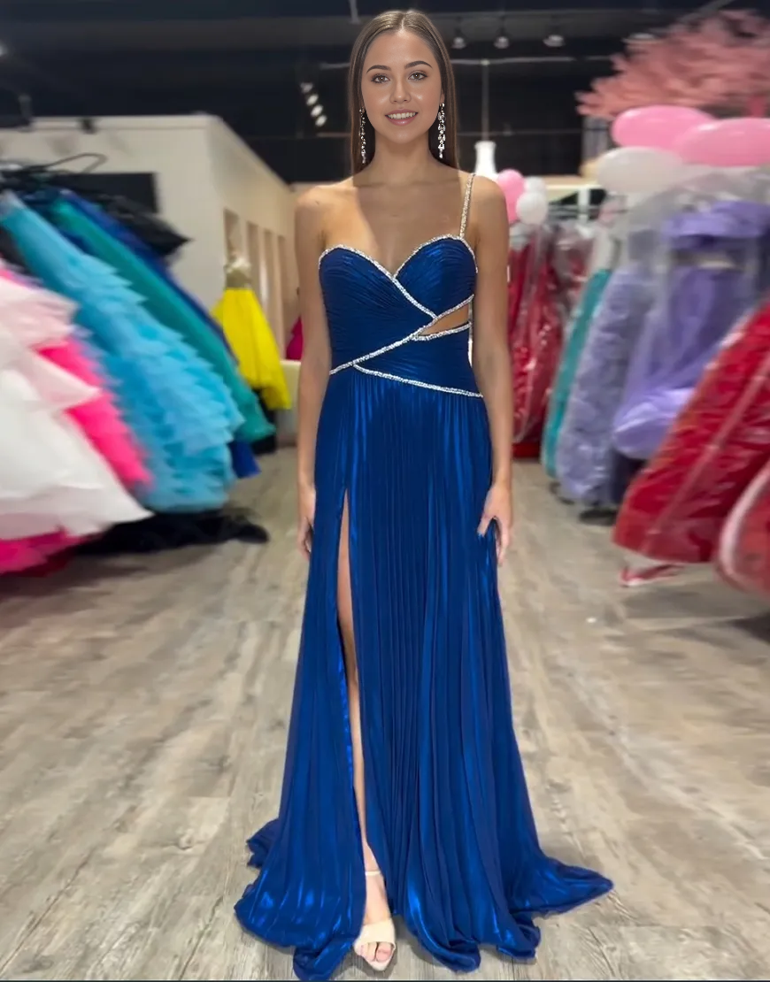 Wholesa A-Line Spaghetti Strap Beaded Royal Blue Long formal dresses evening gown Prom Dress with Slit