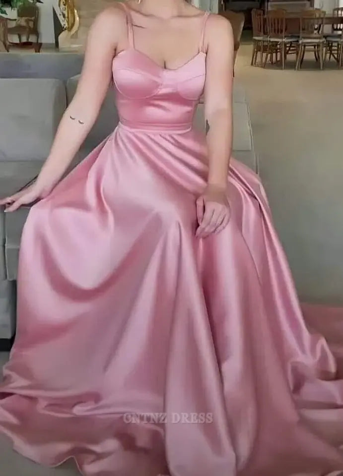 Wholesa A Line Simple Spaghetti Straps Sleeveless Pink Satin formal dresses Bridesmaid Dresses evening gown Prom Dress