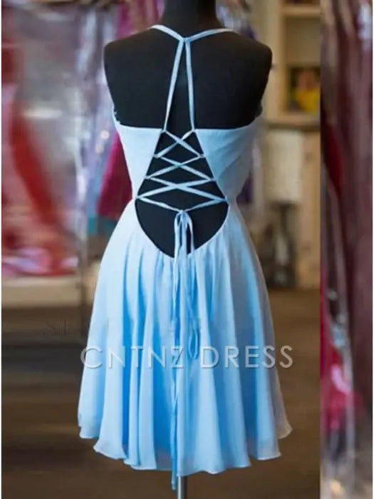 CNTNZ DRESS Hot Sale Short Prom Dress A-Line Halter Backless Criss-Cross Straps Chiffon Pleats Sexy Homecoming Dress