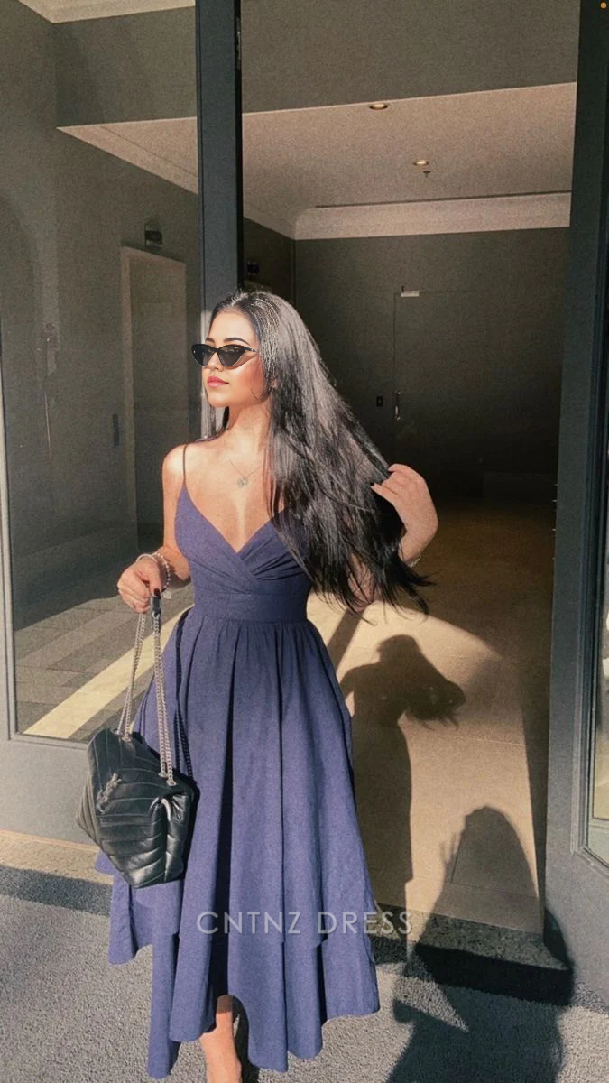 Wholesa A Line Straps Satin Navy Blue formal dresses Bridesmaid Dresses evening gown Prom Dress