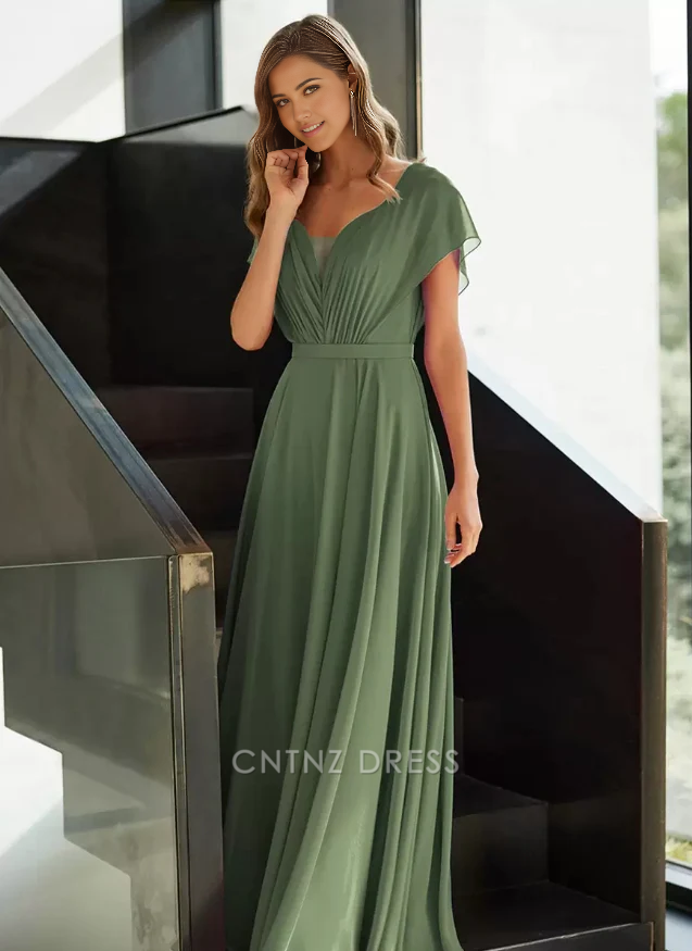 Wholesa A-Line V-Neck Short Sleeves Chiffon Pleated Guest Dresses Mother of the Bride Dresse
