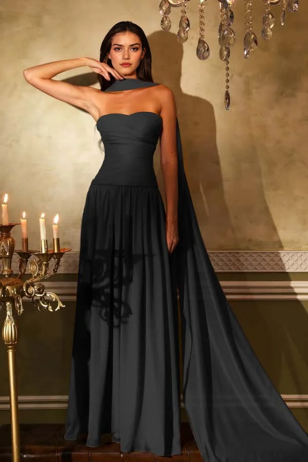 Chiffon A Line Strapless Sweetheart Neckline Sleeveless With Ruffles Pleated Elegant Evening Gowns Fashion Long Prom Dress