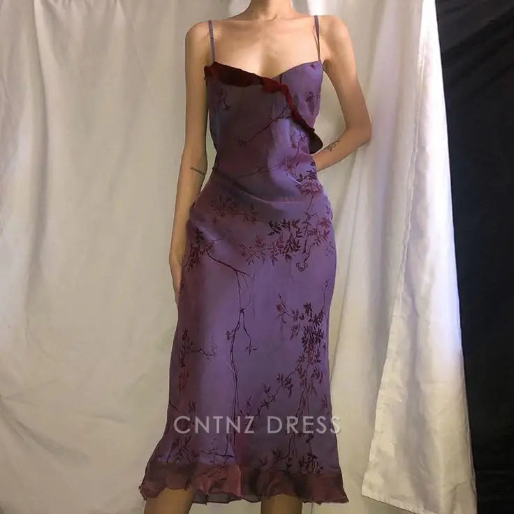 Wholesa Sheath Vintage Print Ruffles Purple Straps formal dresses Bridesmaid Dresses evening gown Prom Dress