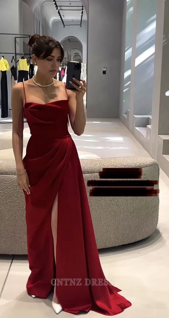 Wholesa Mermaid Spaghetti Straps Burgundy Slit formal dresses Bridesmaid Dresses evening gown Prom Dress