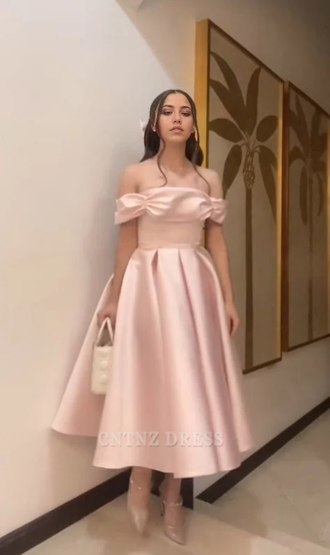Wholesa A Line Off The Shoulder Light Pink Satin formal dresses Bridesmaid Dresses evening gown Prom Dress