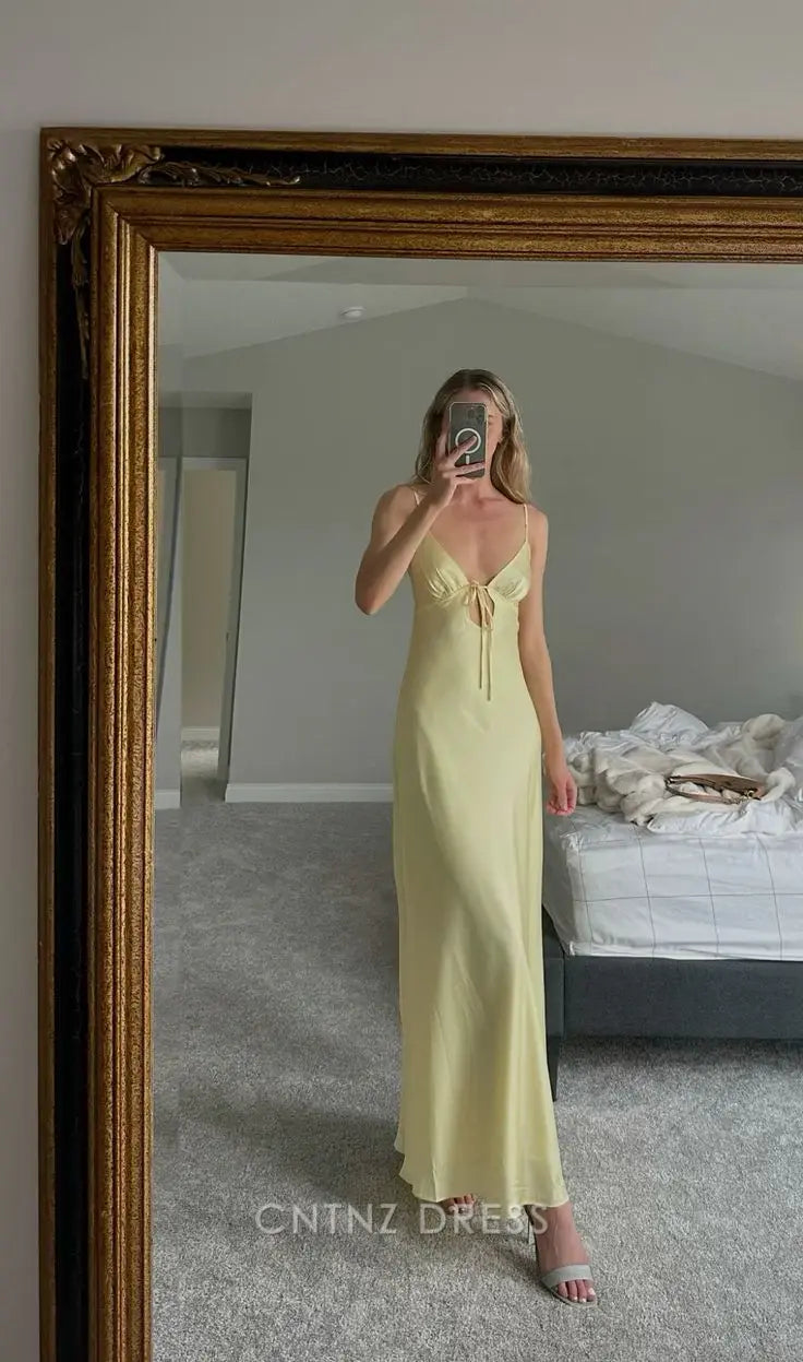 Wholesa Sheath Spaghetti Straps Cute Yellow Long formal dresses Bridesmaid Dresses evening gown Prom Dress