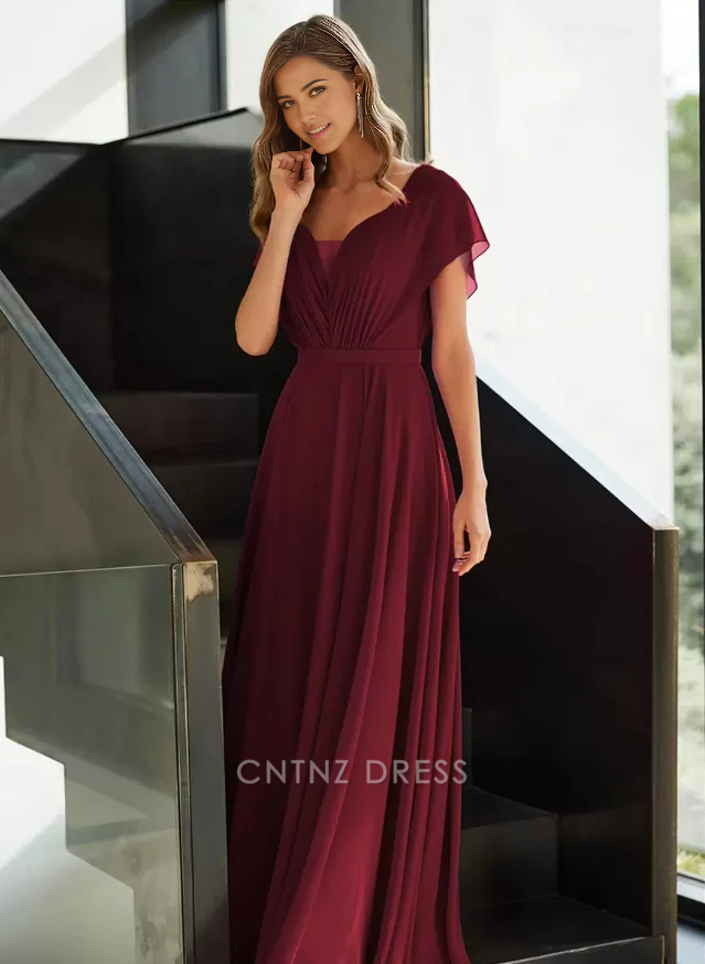 Wholesa A-Line V-Neck Short Sleeves Chiffon Pleated Guest Dresses Mother of the Bride Dresse