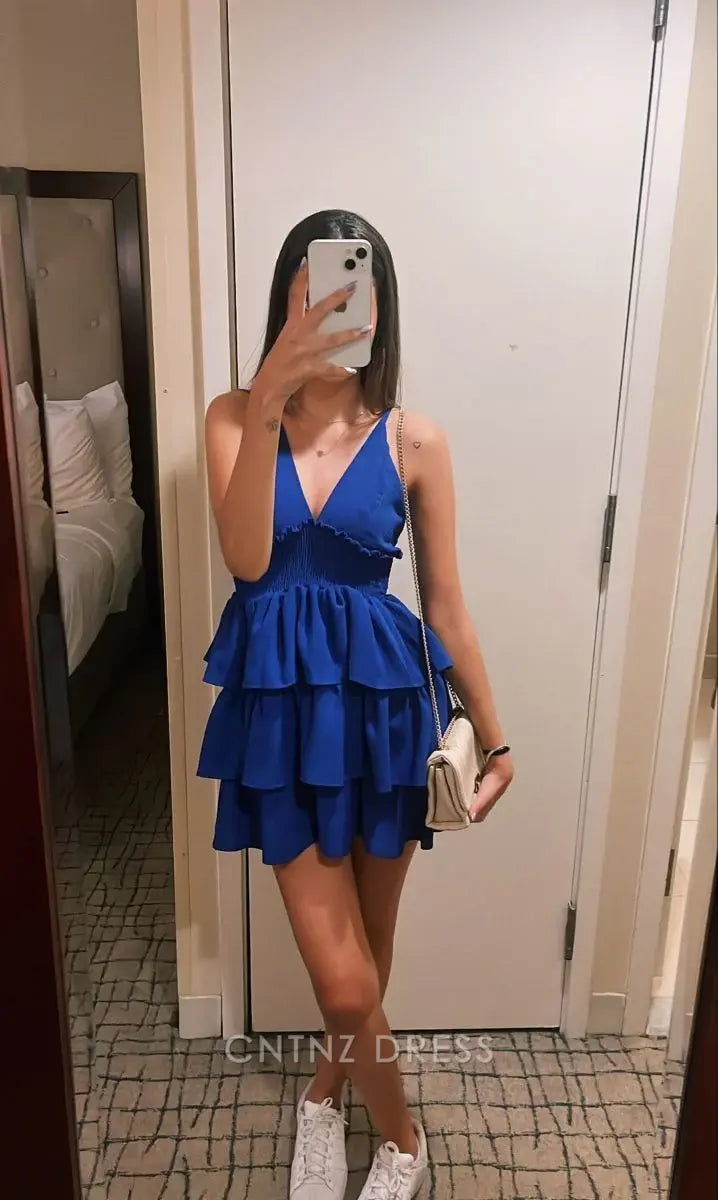 Wholesa A Line V Neck Layered Blue Homecoming Dress formal dresses Bridesmaid Dresses evening gown Prom Dress