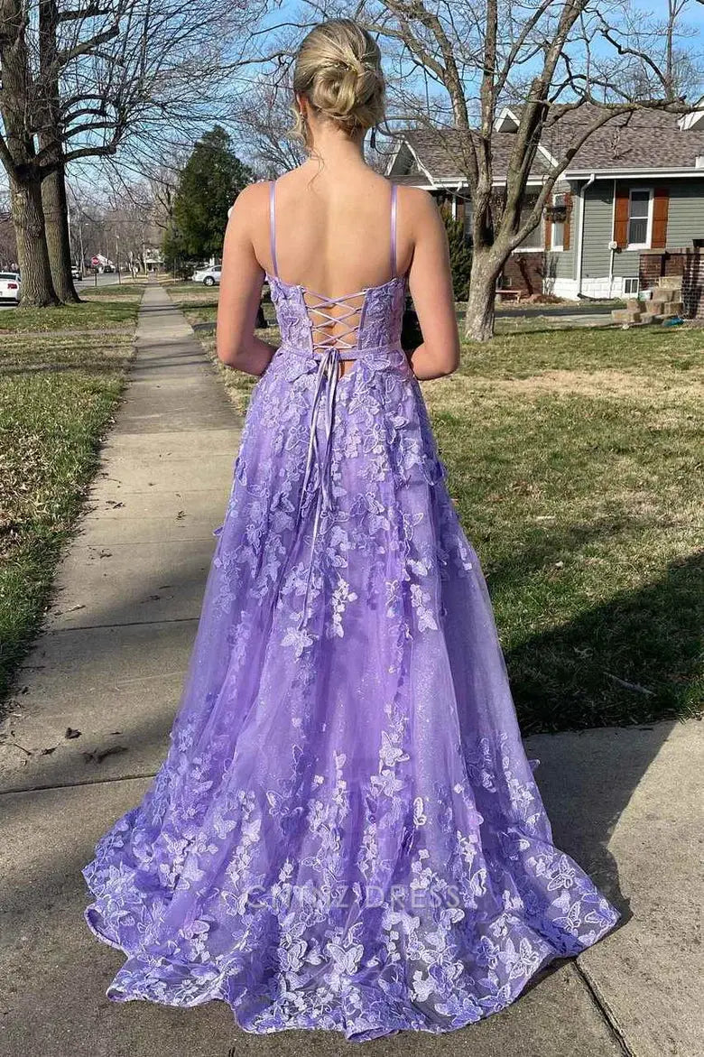 Wholesa A-Line Spaghetti Straps 3D Lace Pretty Lavender Floral Long formal dresses Bridesmaid Dresses evening gown Prom Dress