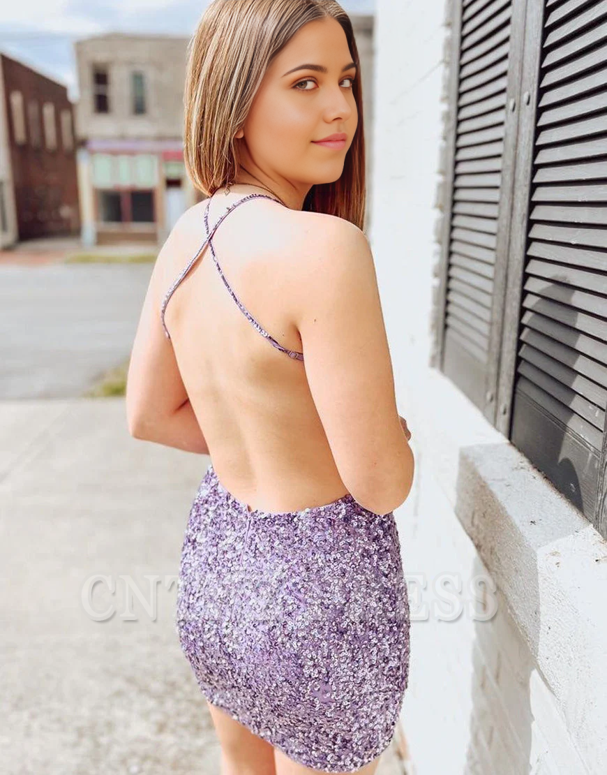 Wholesa Sheath Criss-Cross Backless Sequin Purple formal dresses Bridesmaid Dresses evening gown Prom Dress Homecoming Dress