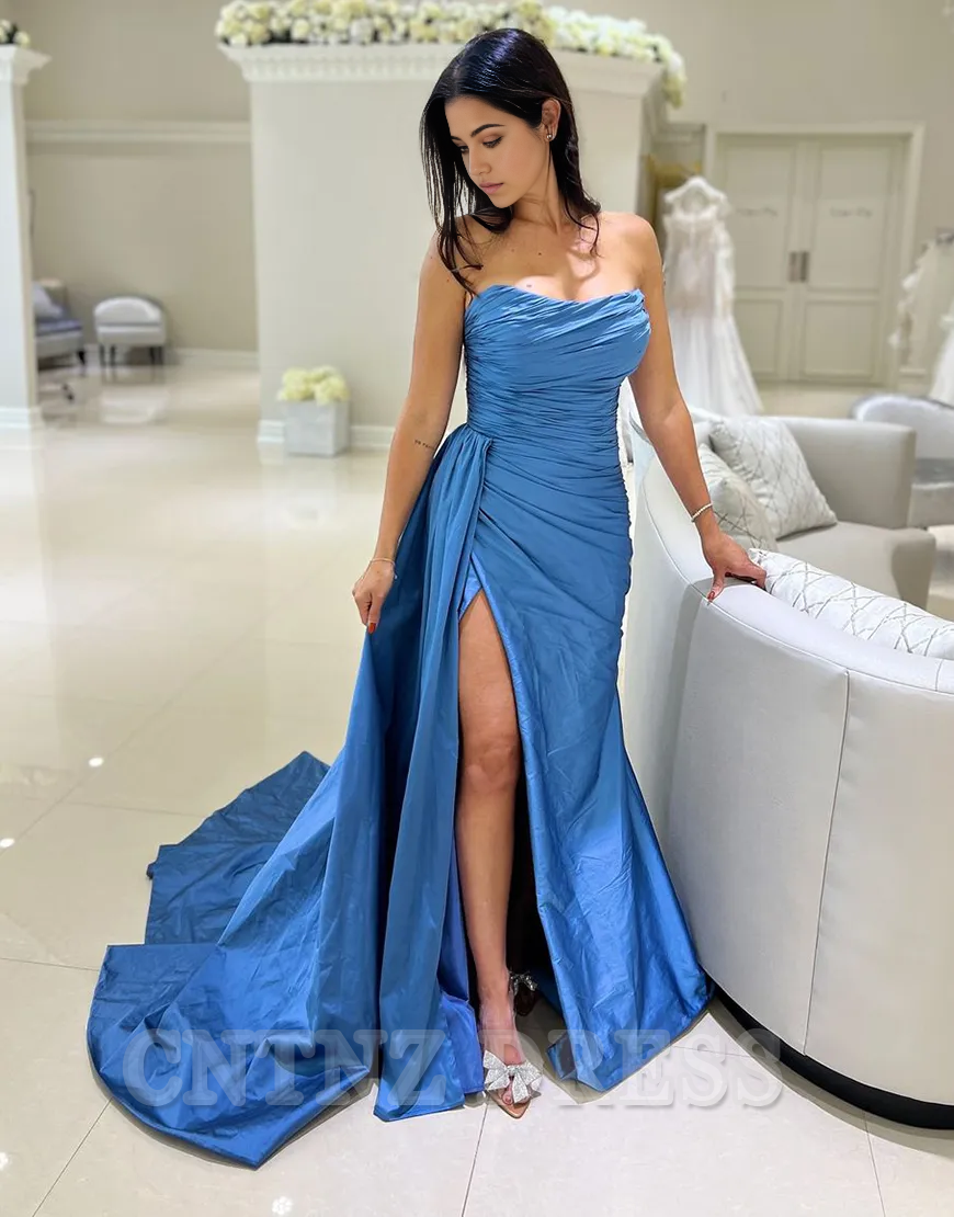 Wholesa Mermaid Strapless Ruched Satin Blue Long formal dresses evening gown Prom Dress with Slit