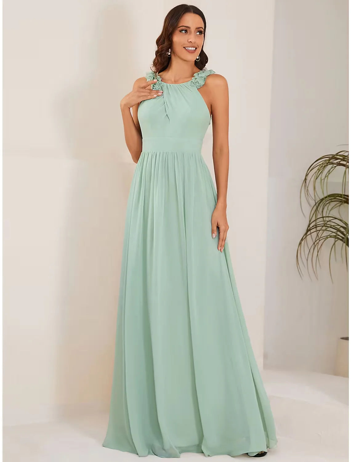 Wholesa A-Line Wedding Guest Dresses Elegant Dress Formal Floor Length Sleeveless Jewel Neck Chiffon with Pleats Shouder Flower