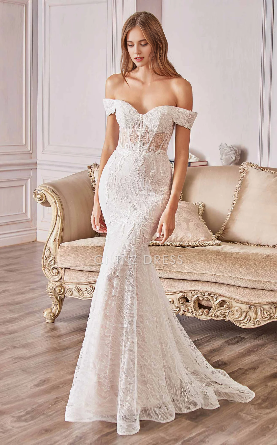 CNTNZ DRESS Gorgeous Mermaid Strapless Off The Shoulder Sweetheart Neckline Exquisite Lace Sweep Train Hot Sale Wedding Dress