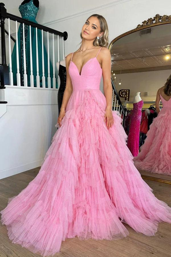 Wholesa A-line V-Neck Tiered Pink Long Prom Dress with Ruffles