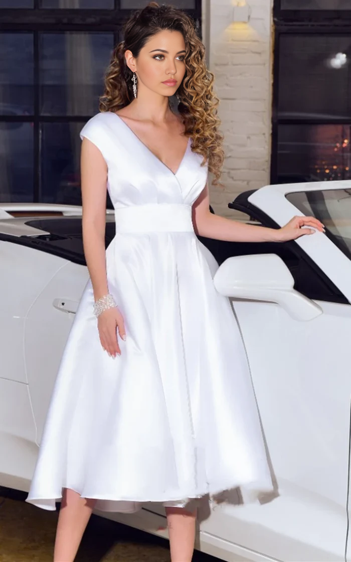 Wholesa A Line V-neck Satin Tea-length Wedding Dress with Sash